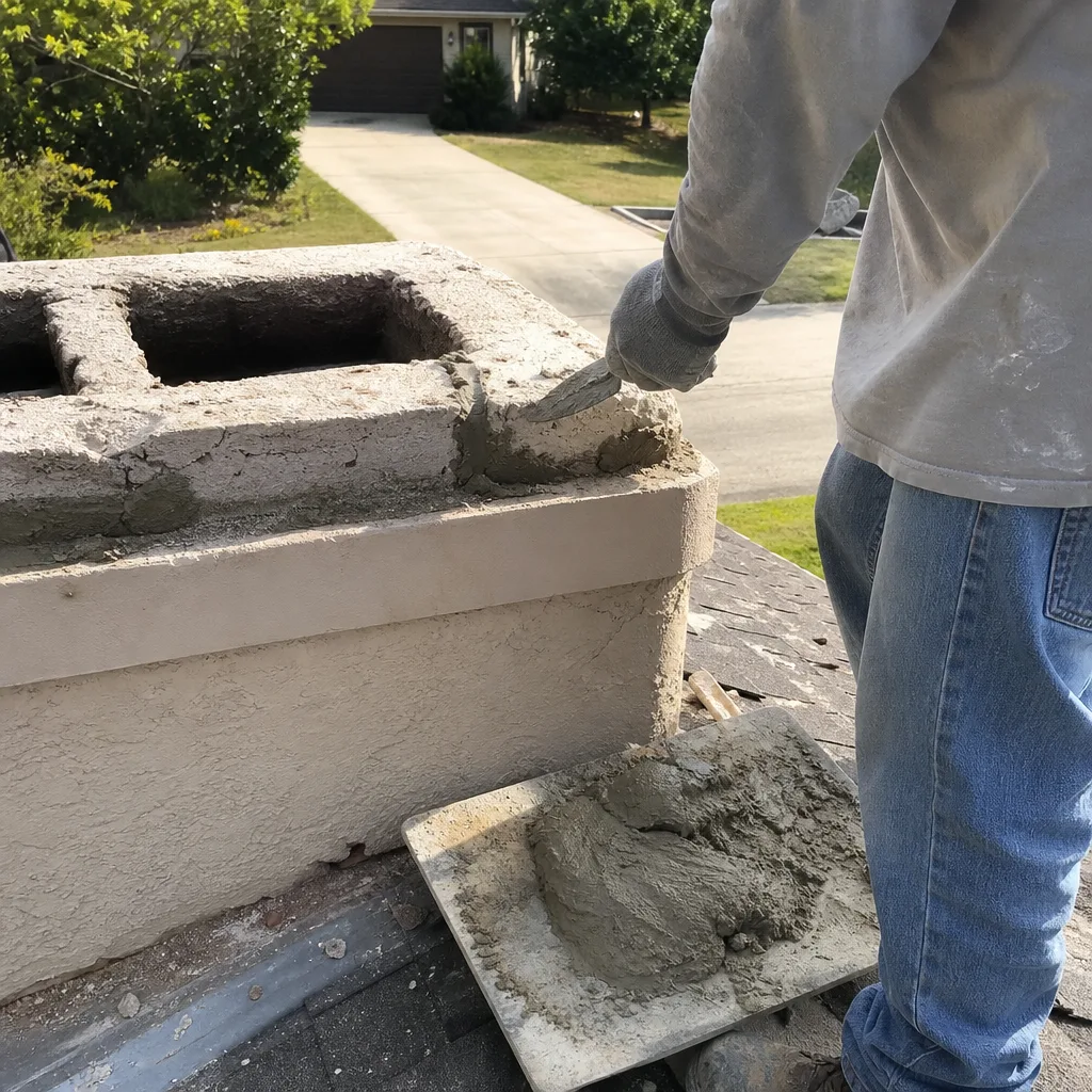 Worker repairing a concrete chimney crown on a residential roof