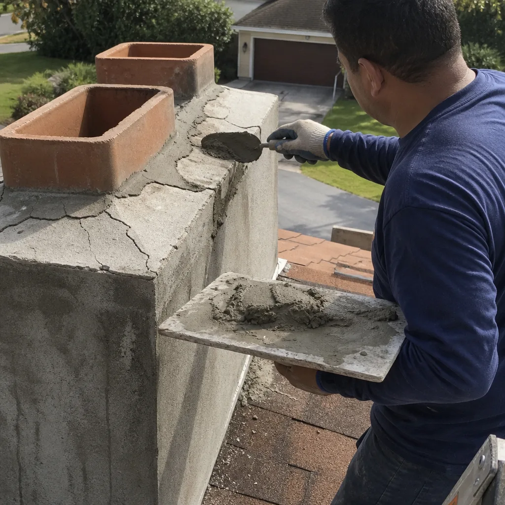 Professional contractor performing mortar repair on a damaged chimney crown