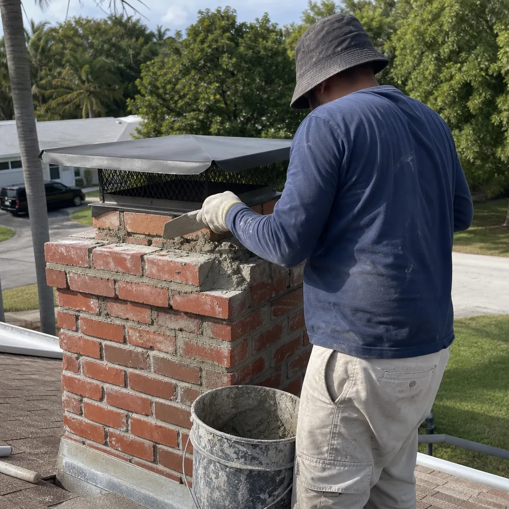 Professional technician performing brick chimney repair and mortar sealing on rooftop.