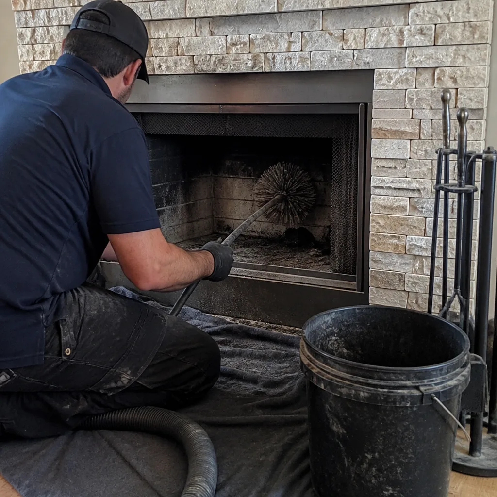 Professional chimney sweep cleaning a fireplace with a specialized brush