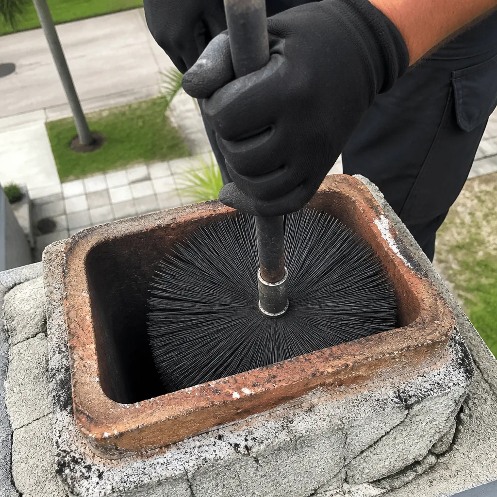 Professional chimney sweep cleaning a brick chimney flue with a brush